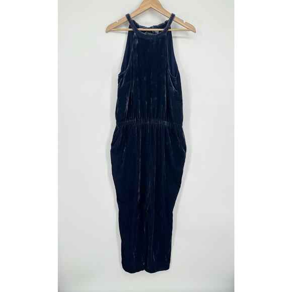 Ann Taylor LOFT Halter Crushed Velvet Jumpsuit Tie Back Straight Leg Blue Petite - Picture 6 of 13